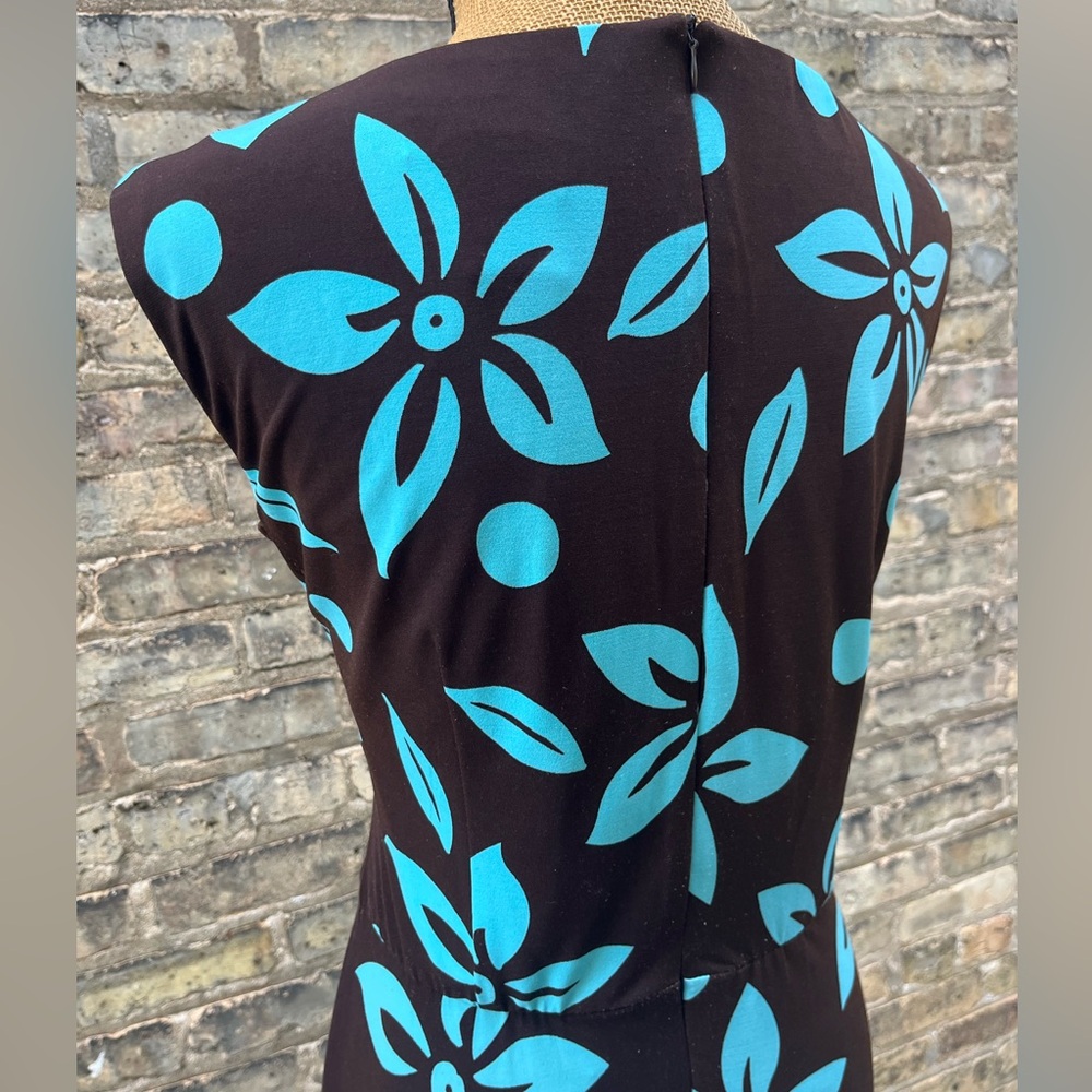 Jessica Howard Ruched Midi Dress Hawaiian Print Floral Chocolate Blue Size 12 - Picture 7 of 10